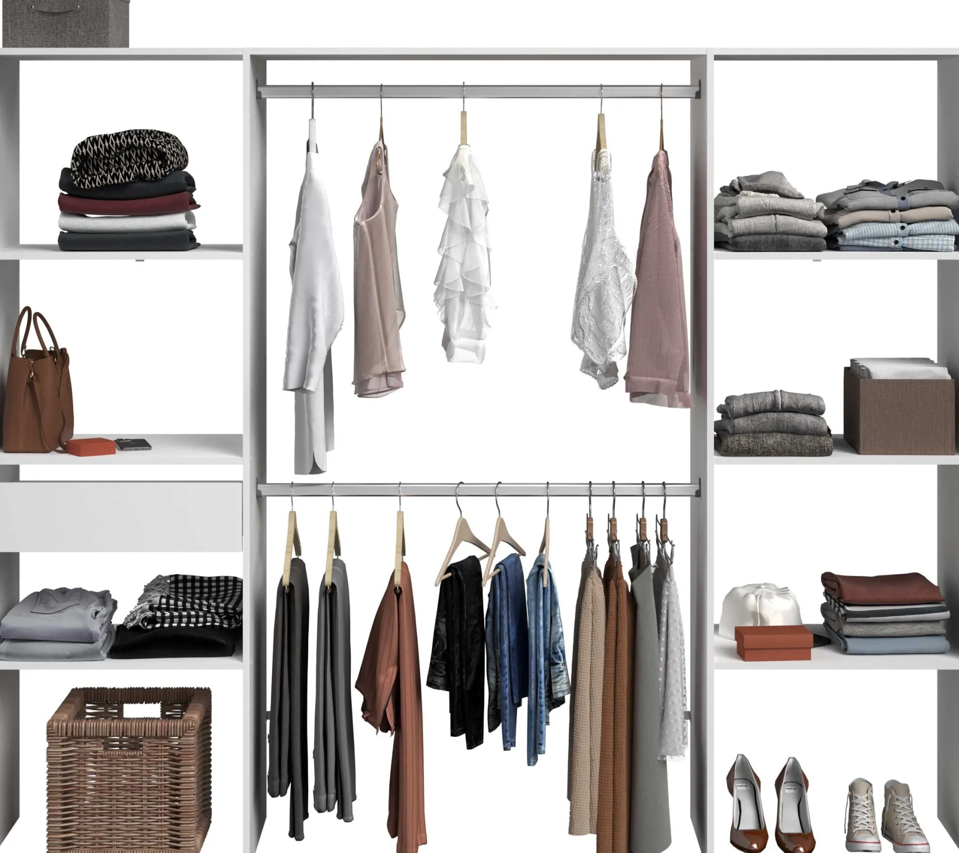 Kleiderschrank Botan 220cm, 6 Einlegeböden, 2 Kleiderstangen und 1 Schublade - weiß