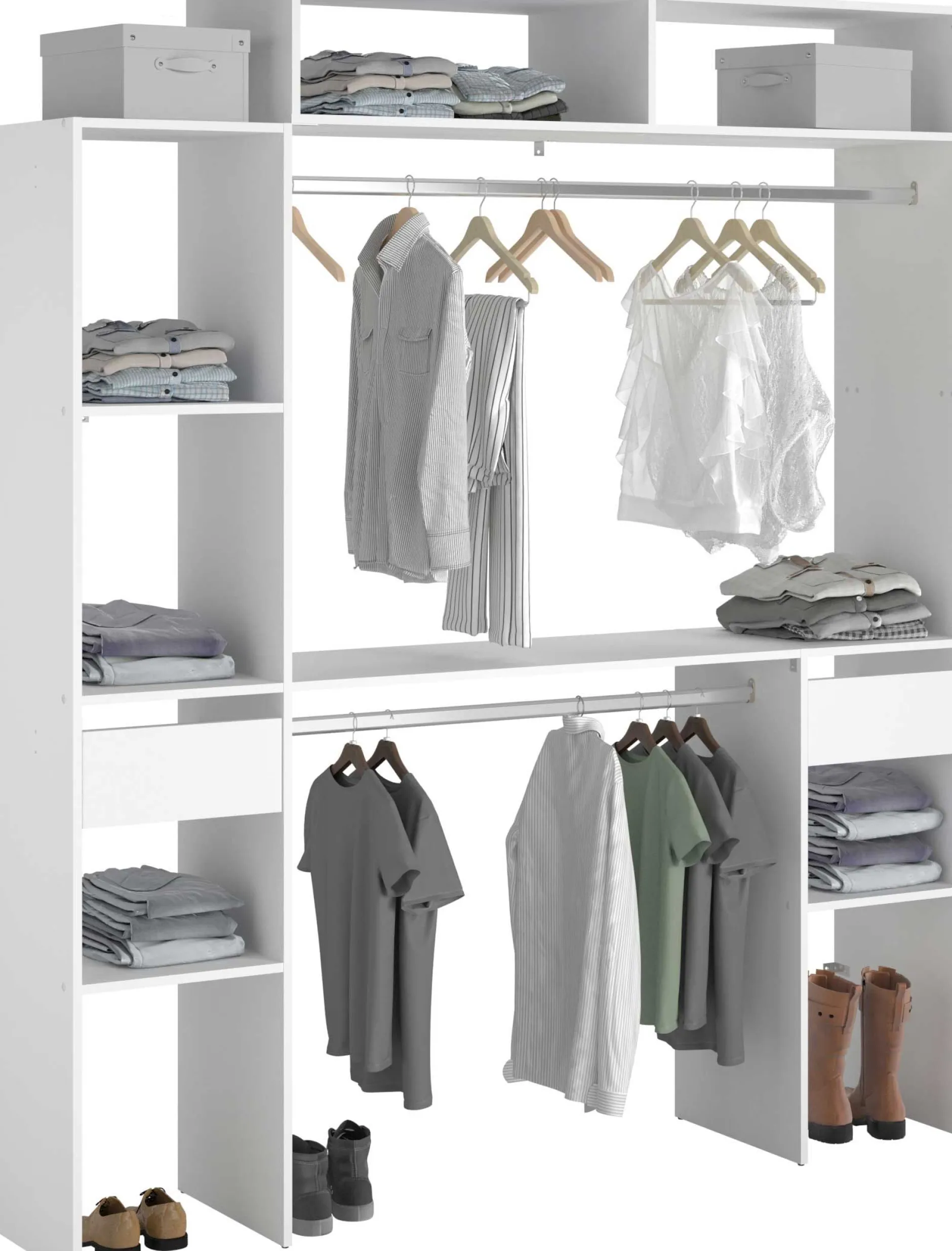 Kleiderschrank Botan 140 - 176cm, 4 Einlegeböden, 2 Kleiderstangen, 2 Schubladen - weiß