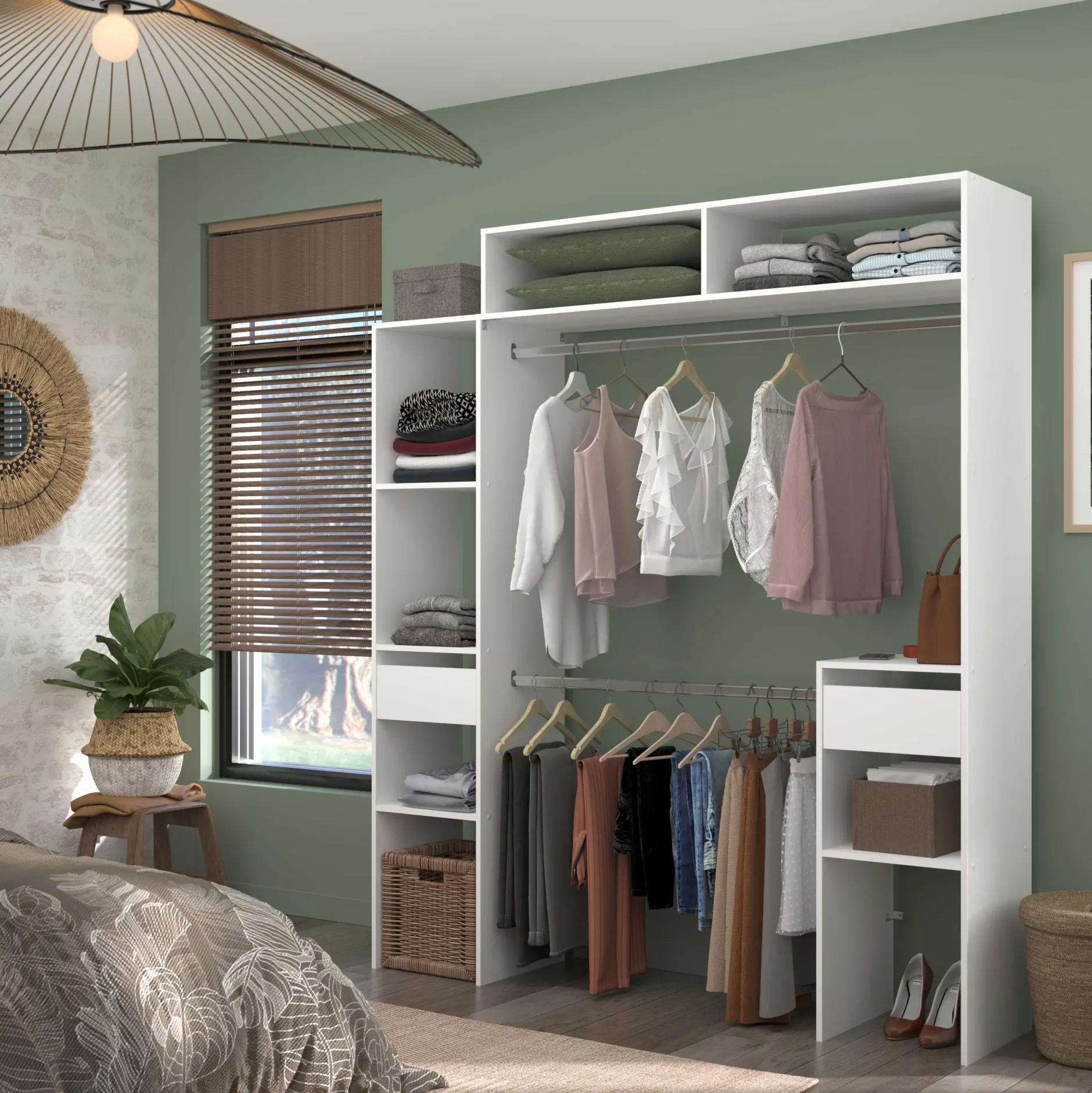 Kleiderschrank Botan 140 - 176cm, 4 Einlegeböden, 2 Kleiderstangen, 2 Schubladen - weiß