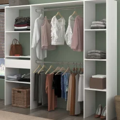 Kleiderschrank Botan 198cm, 6 Einlegeböden, 2 Kleiderstangen und 1 Schublade - weiß
