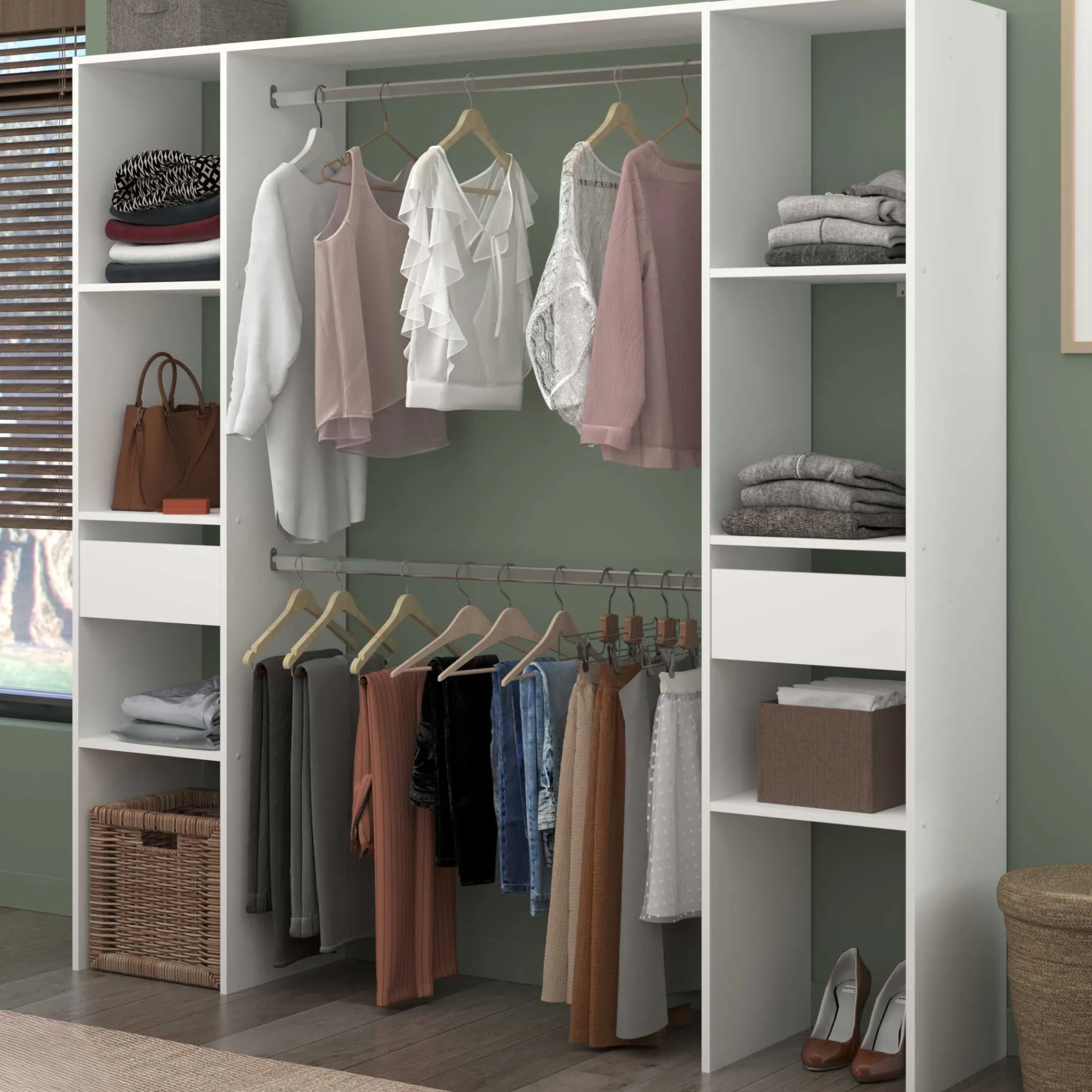 Kleiderschrank Botan 176cm, 6 Einlegeböden, 2 Kleiderstangen und 2 Schubladen - weiß