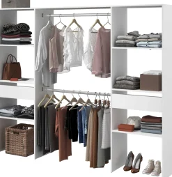 Kleiderschrank Botan 220cm, 6 Einlegeböden, 2 Kleiderstangen und 2 Schubladen - weiß