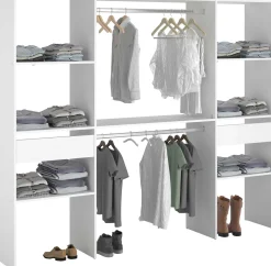 Kleiderschrank Botan 220cm, 6 Einlegeböden, 2 Kleiderstangen und 2 Schubladen - weiß