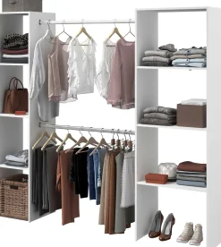 Kleiderschrank Botan 196cm, 6 Einlegeböden und 2 Kleiderstangen - weiß