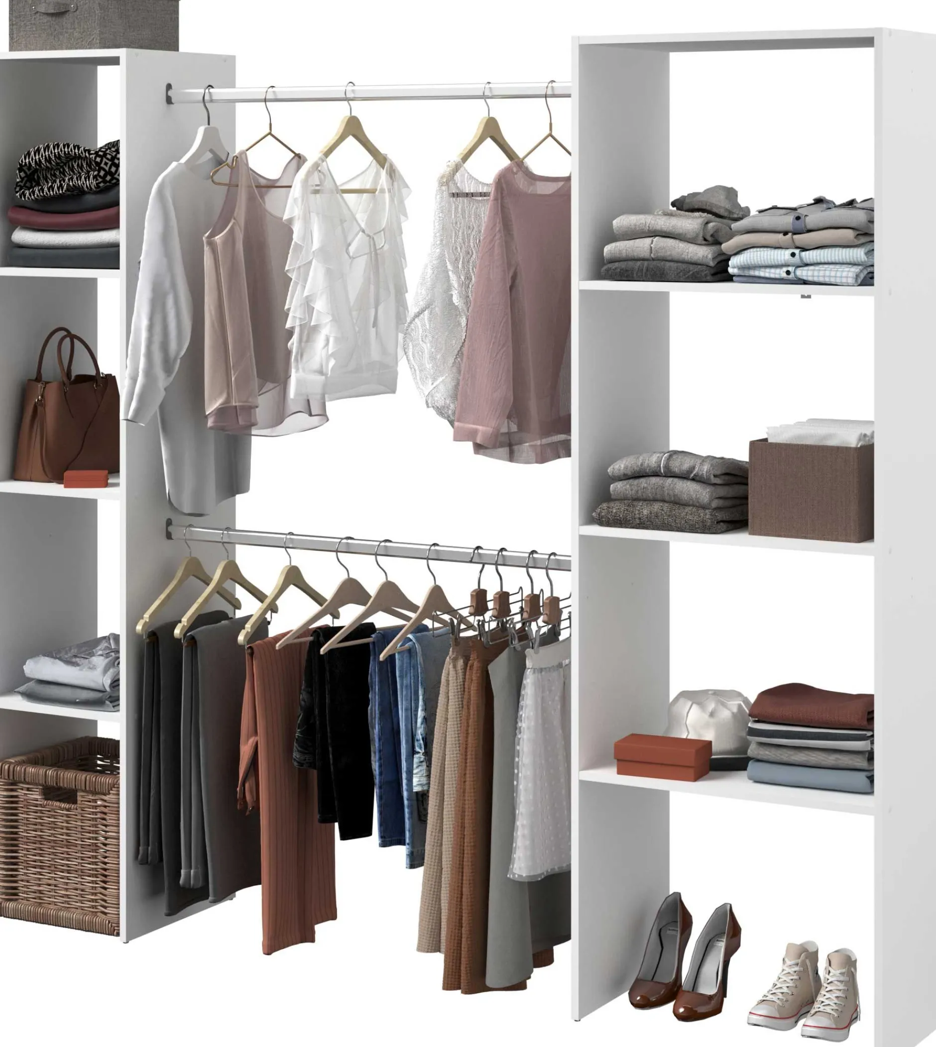 Kleiderschrank Botan 196cm, 6 Einlegeböden und 2 Kleiderstangen - weiß