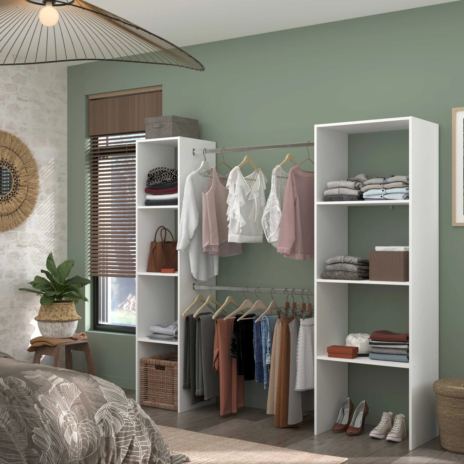 Kleiderschrank Botan 196cm, 6 Einlegeböden und 2 Kleiderstangen - weiß