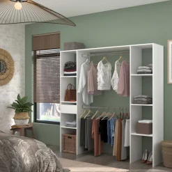 Kleiderschrank Botan 176cm, 6 Einlegeböden, 2 Kleiderstangen und 1 Schublade - weiß