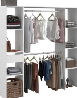 Kleiderschrank Botan 176cm, 6 Einlegeböden, 2 Kleiderstangen und 1 Schublade - weiß