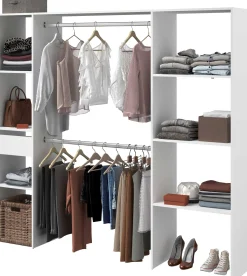 Kleiderschrank Botan 198cm, 6 Einlegeböden, 2 Kleiderstangen und 1 Schublade - weiß
