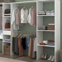 Kleiderschrank Botan 198cm, 6 Einlegeböden, 2 Kleiderstangen und 1 Schublade - weiß