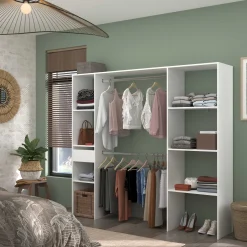 Kleiderschrank Botan 198cm, 6 Einlegeböden, 2 Kleiderstangen und 1 Schublade - weiß