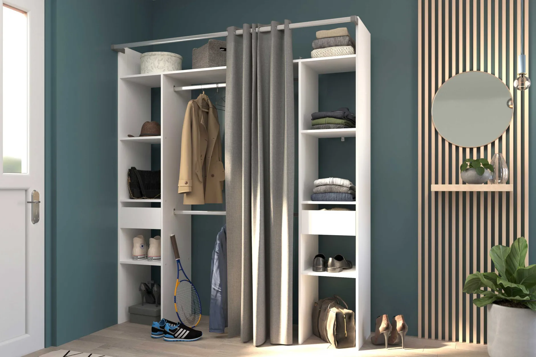 Kleiderschrank Botan 176cm - mit Vorhang - 6 Einlegeböden, 2 Kleiderstangen und 2 Schubladen - weiß