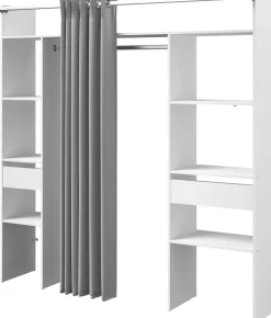 Kleiderschrank Botan 198cm - mit Vorhang - 6 Einlegeböden, 2 Kleiderstangen und 2 Schubladen - weiß