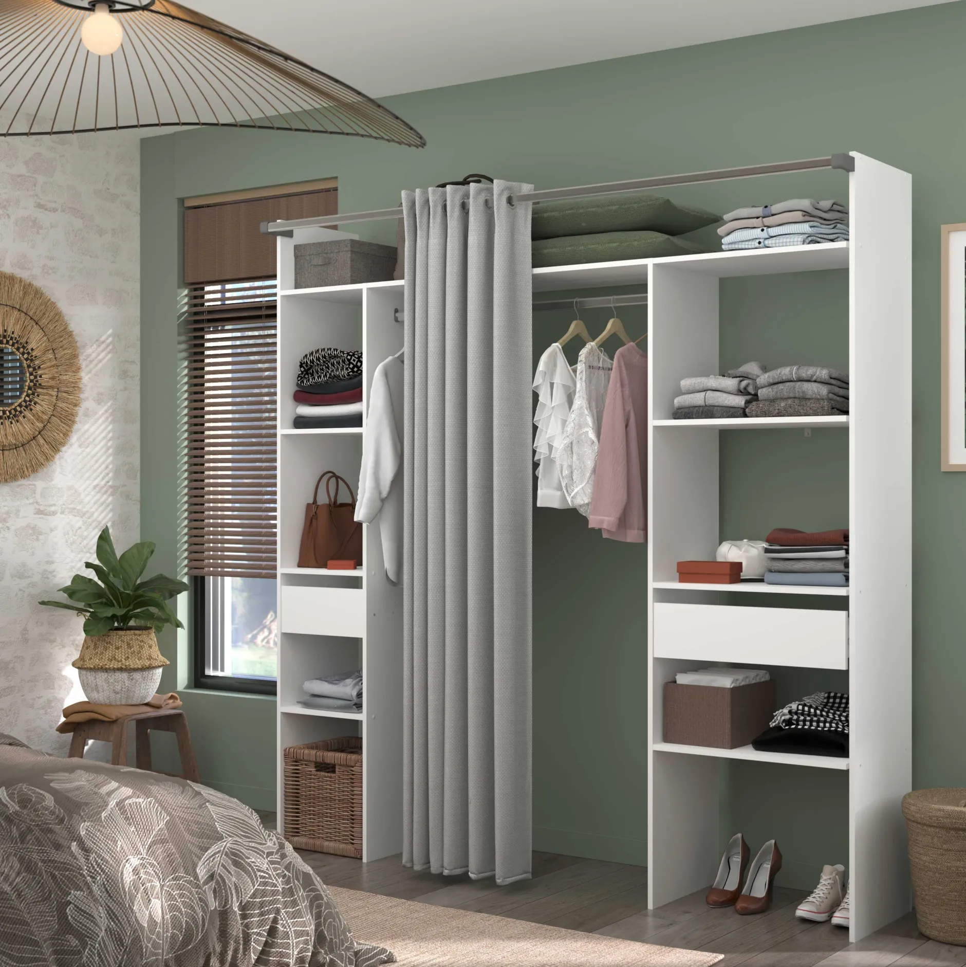 Kleiderschrank Botan 198cm - mit Vorhang - 6 Einlegeböden, 2 Kleiderstangen und 2 Schubladen - weiß