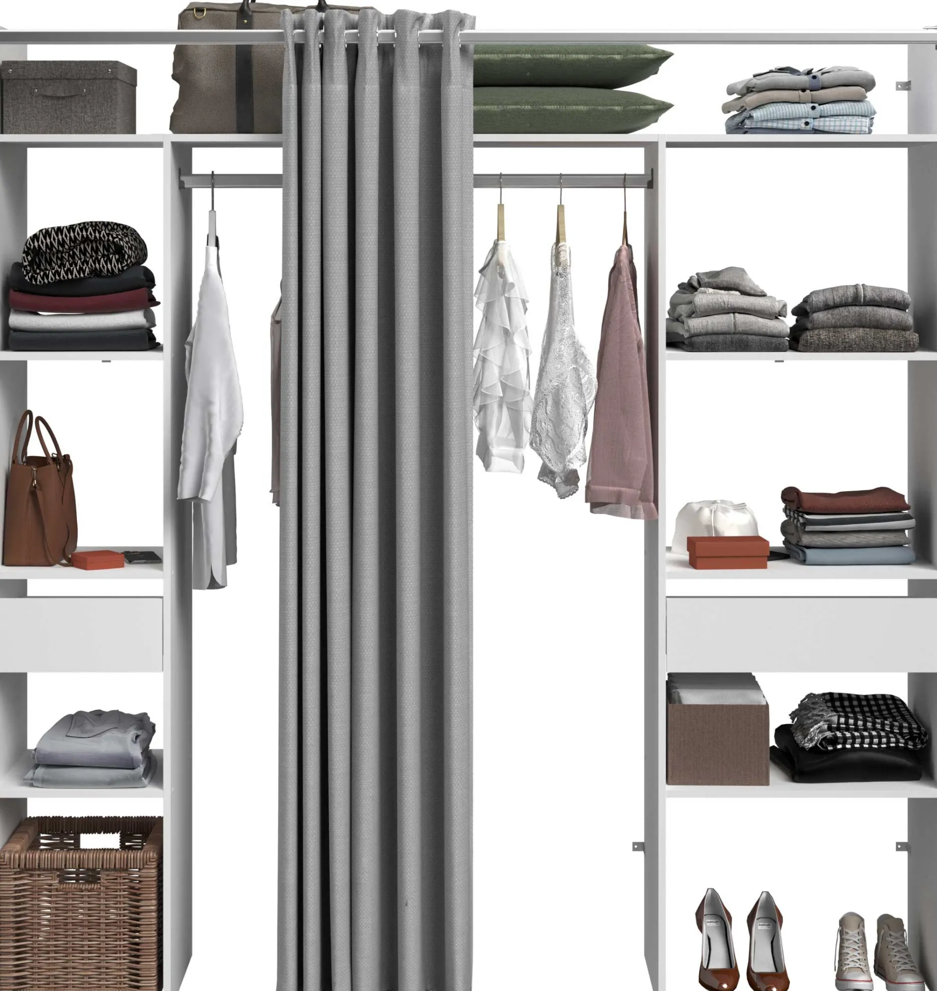Kleiderschrank Botan 198cm - mit Vorhang - 6 Einlegeböden, 2 Kleiderstangen und 2 Schubladen - weiß