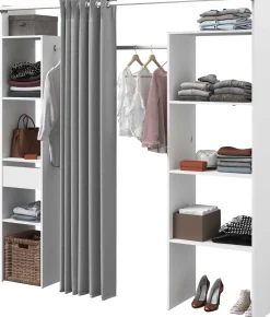 Kleiderschrank Botan 198cm - mit Vorhang - 6 Einlegeböden, 2 Kleiderstangen und 1 Schublade - weiß