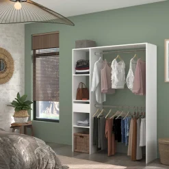 Kleiderschrank Botan 140cm, 1 Schublade und 3 Einlegeböden und 1 Kleiderstange - weiß