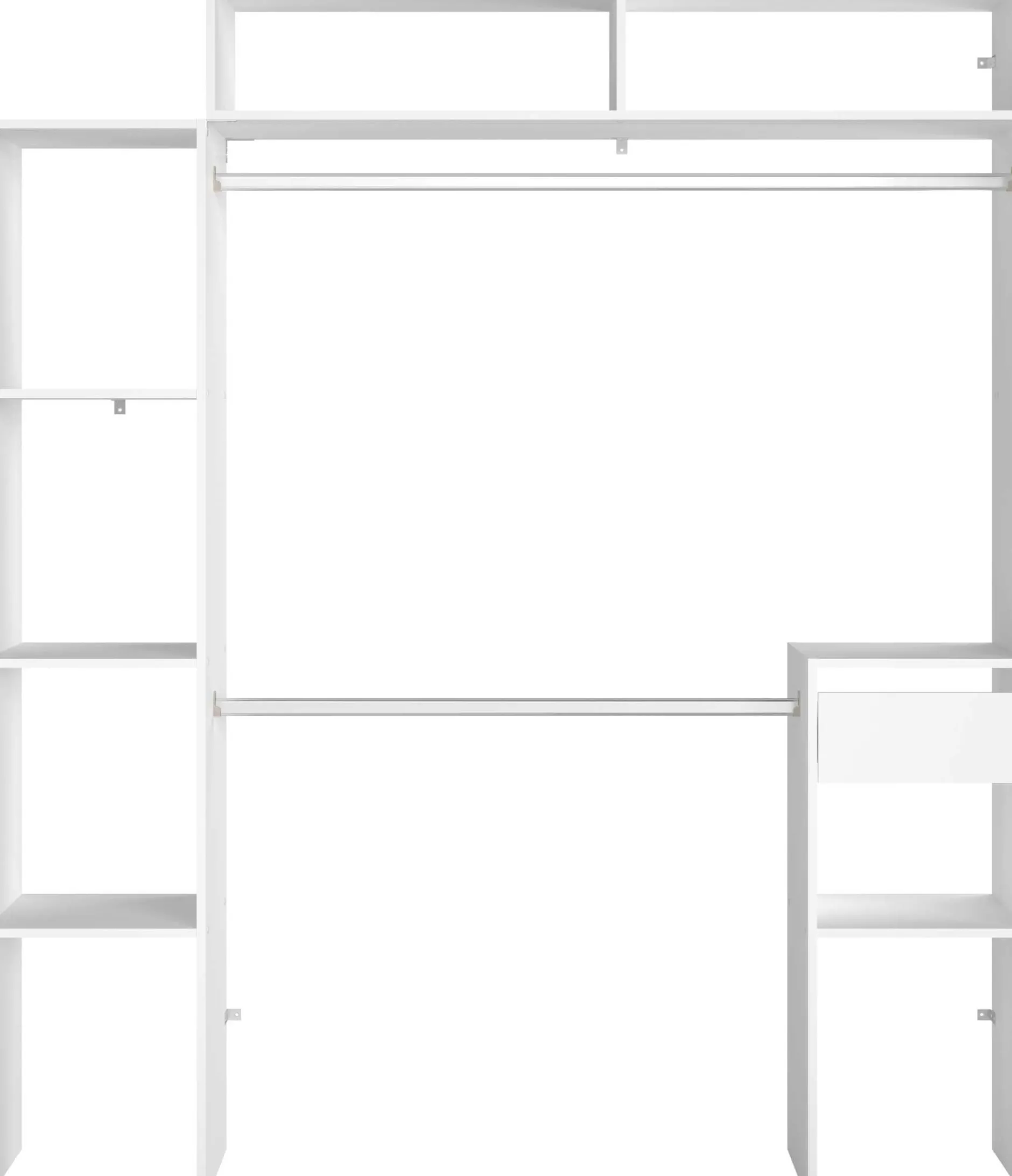 Kleiderschrank Botan 140 - 176cm, vier Einlegeböden, 2 Kleiderstangen, 1 Schublade - weiß