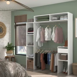 Kleiderschrank Botan 140 - 176cm, vier Einlegeböden, 2 Kleiderstangen, 1 Schublade - weiß
