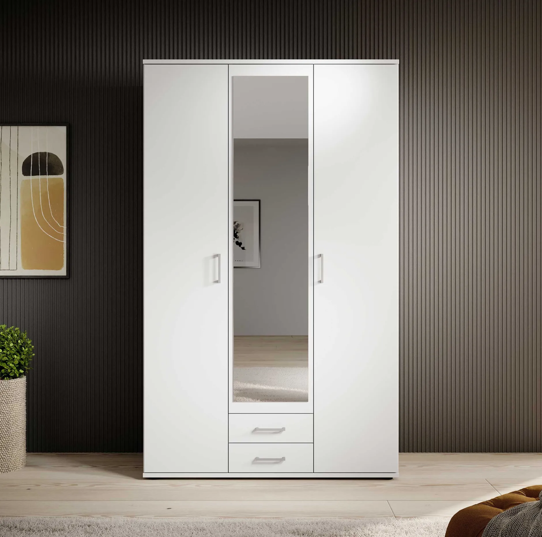 Kleiderschrank Daniela 120cm mit 3 Türen 2 Schubladen und Spiegel - weiß