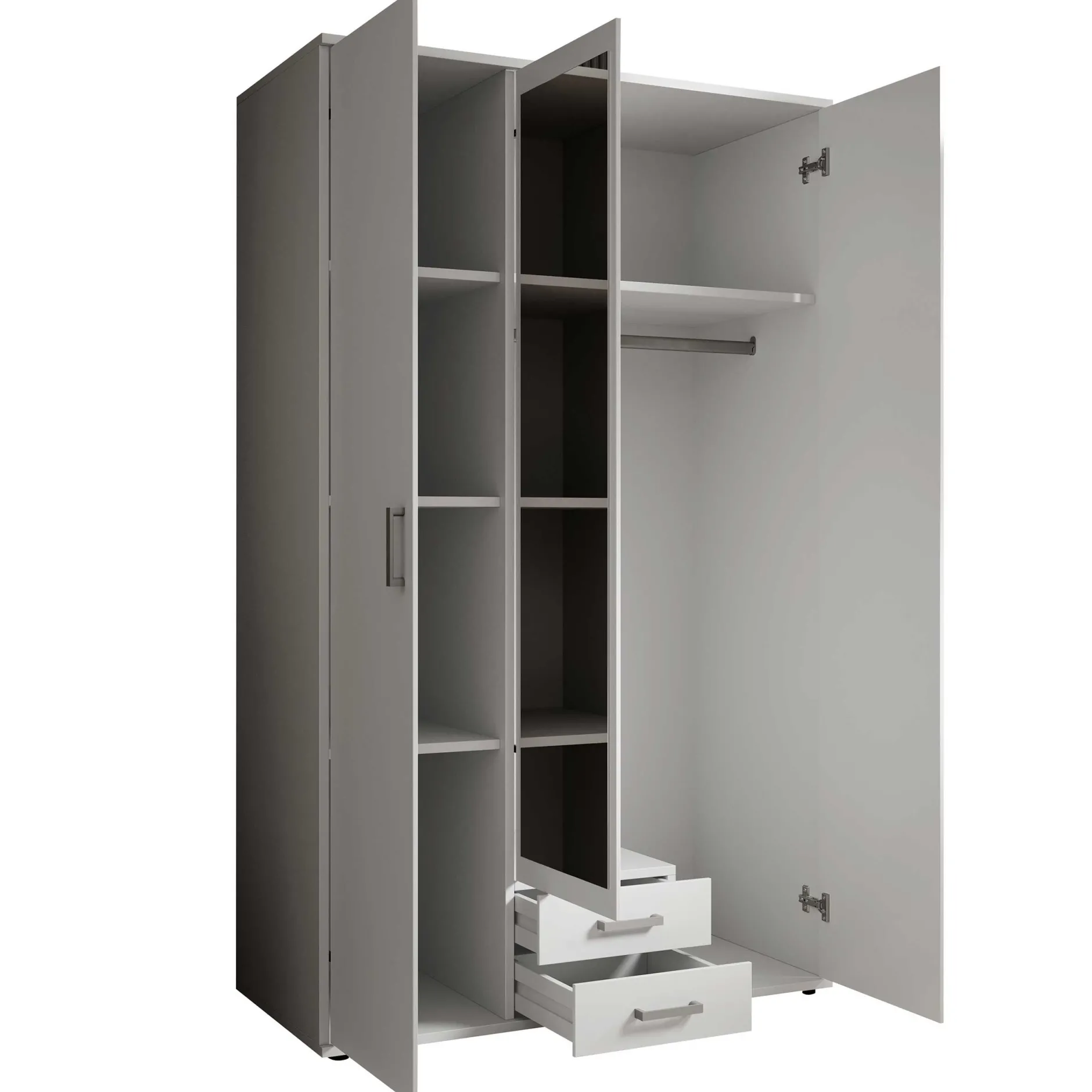 Kleiderschrank Daniela 120cm mit 3 Türen 2 Schubladen und Spiegel - weiß