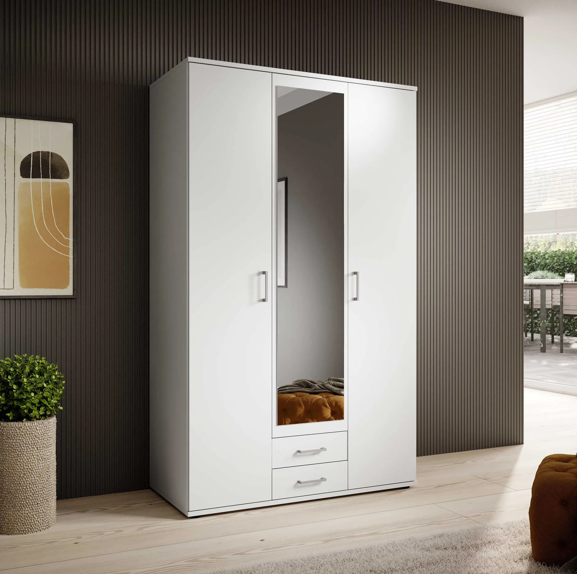 Kleiderschrank Daniela 120cm mit 3 Türen 2 Schubladen und Spiegel - weiß