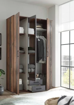Kleiderschrank Ellis 120cm mit 3 Türen 2 Schubladen und Spiegel - alter Stil/Beton