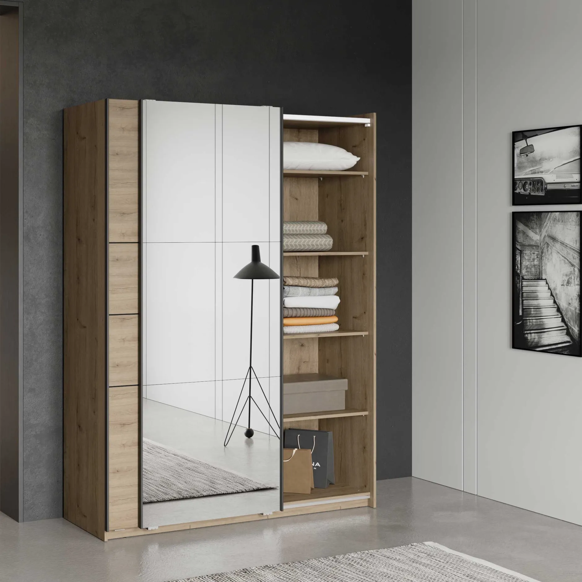 Kleiderschrank Faust - 148x60x203cm - mit Spiegel - 2 Türen - Eichendekor