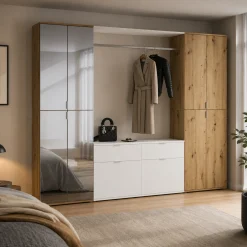 Kleiderschrank-Kombination Projekt X Emob - Artisan Oak/Weiß/Spiegel - 243x193x34 cm
