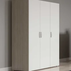 Kleiderschrank Noni-3 Flügeltüren, 1 Kleiderstange und 3 Einlegeböden-Shannon Eiche/Mattweiß