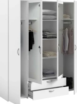 Kleiderschrank Salvador Spiegel, 4 Türen und 2 Schubladen - weiß