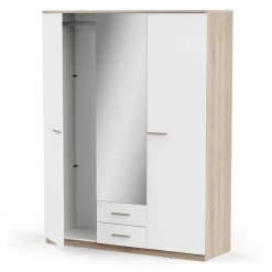 Kleiderschrank Seliena 3 Drehtüren, 1 Kleiderstange, 4 Einlegeböden und 2 Schubladen Eiche gebürstet/Mattweiß