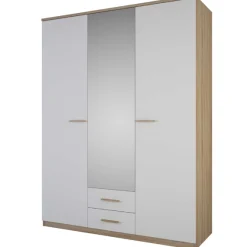 Kleiderschrank Seliena 3 Drehtüren, 1 Kleiderstange, 4 Einlegeböden und 2 Schubladen Eiche gebürstet/Mattweiß