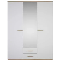 Kleiderschrank Seliena 3 Drehtüren, 1 Kleiderstange, 4 Einlegeböden und 2 Schubladen Eiche gebürstet/Mattweiß