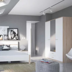 Kleiderschrank Seliena 3 Drehtüren, 1 Kleiderstange, 4 Einlegeböden und 2 Schubladen Eiche gebürstet/Mattweiß