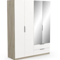 Kleiderschrank Spectre 157cm mit Spiegel - matt weiß/Eiche