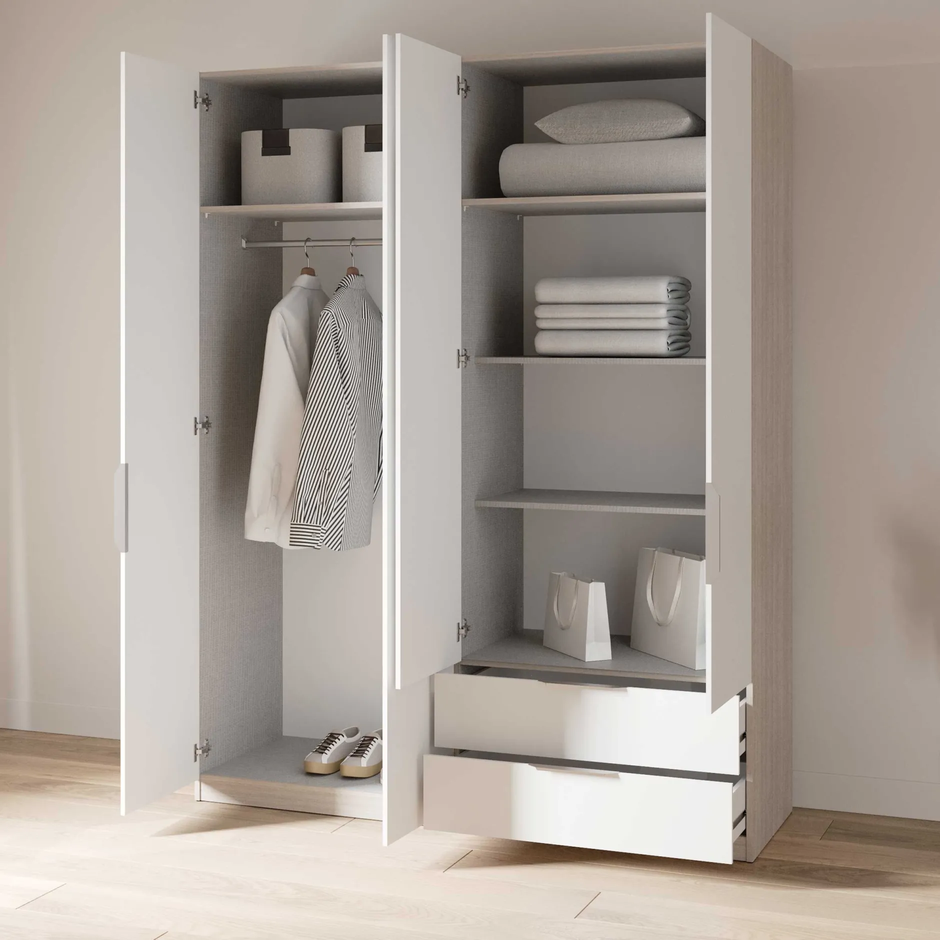 Kleiderschrank Spectre 157cm 4 Türen und 2 Schubladen - matt weiß/Eiche