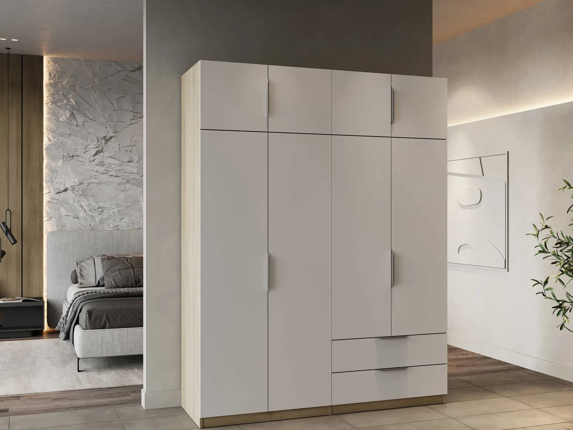 Kleiderschrank Spectre 157cm 8 Türen und 2 Schubladen - matt weiß/Eiche Dekor