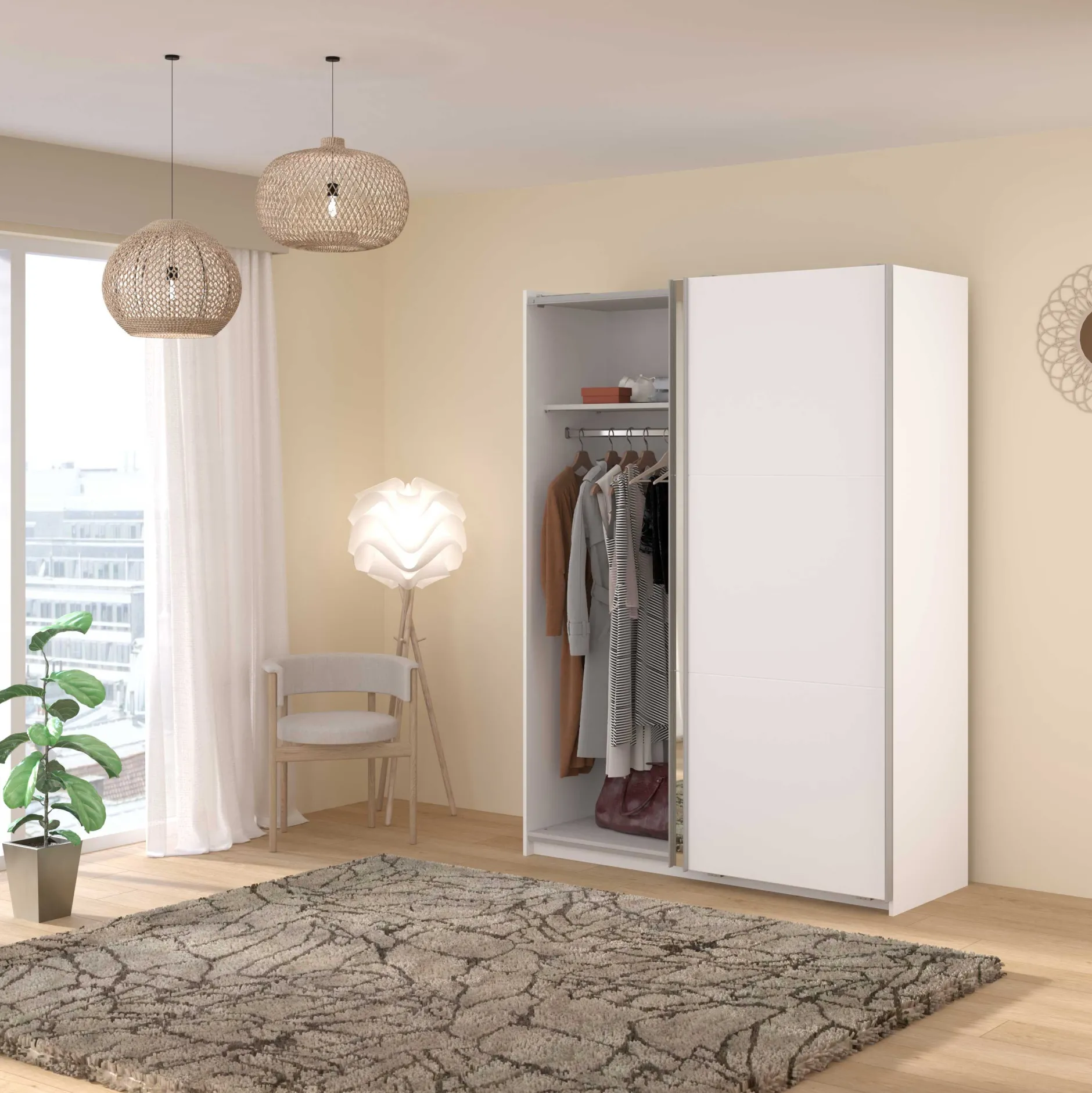 Kleiderschrank Swings - 148x59x203cm - mit Spiegel - 2 Türen - weiß