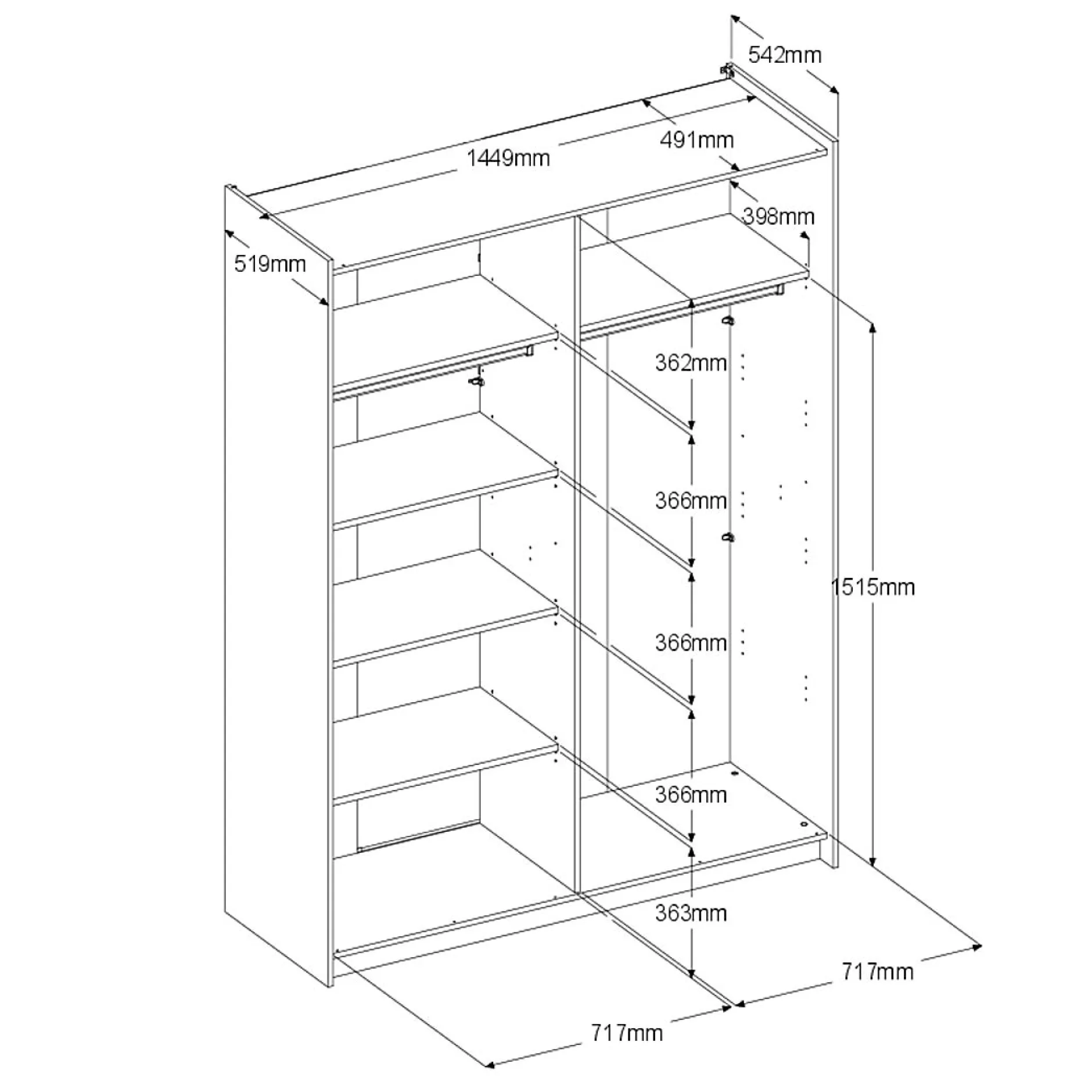 Kleiderschrank Swings - 148x59x203cm - 2 Türen - Eiche Dekor
