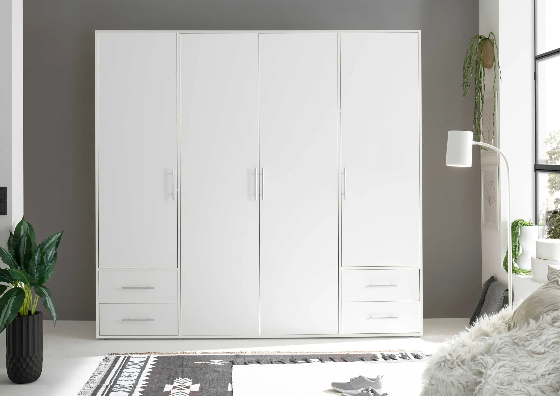Kleiderschrank Valencia - 206x60x195cm - 4 Türen und 4 Schubladen - weiß