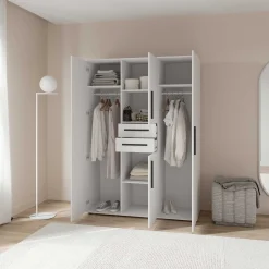 Kleiderschrank Versatil - 135x50x188cm - 4 Türen und 2 Schubladen - weiß