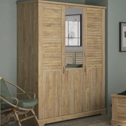 Kleiderschrank Wanda 170 cm 3 Türen und Spiegel - Braunes Kastanienholz