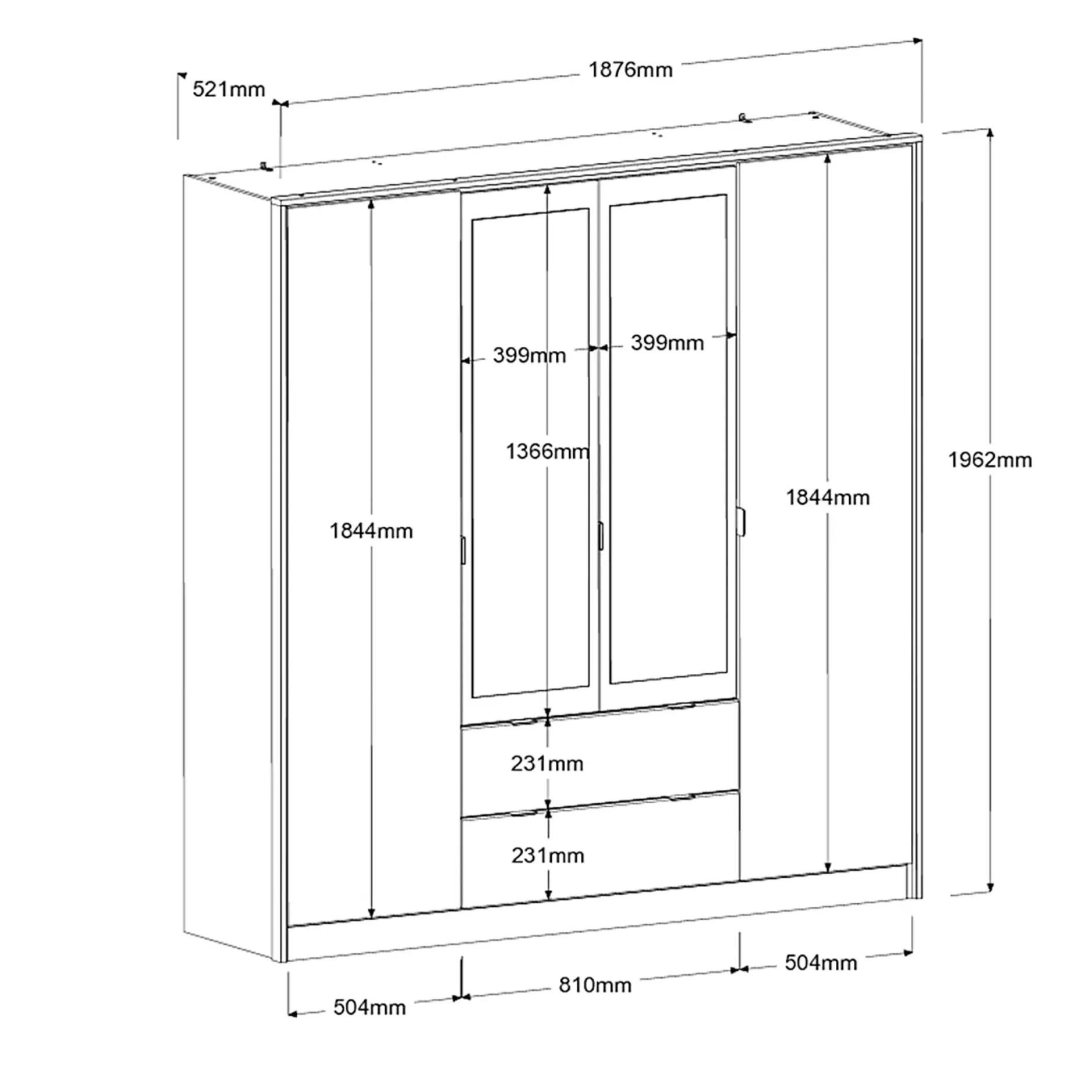 Kleiderschrank Yuri 188cm, 4 Türen und 2 Schubladen - Dekor Anthrazit/Eiche