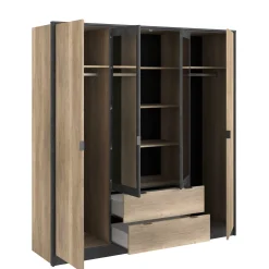 Kleiderschrank Yuri 188cm, 4 Türen und 2 Schubladen - Dekor Anthrazit/Eiche
