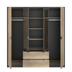 Kleiderschrank Yuri 188cm, 4 Türen und 2 Schubladen - Dekor Anthrazit/Eiche