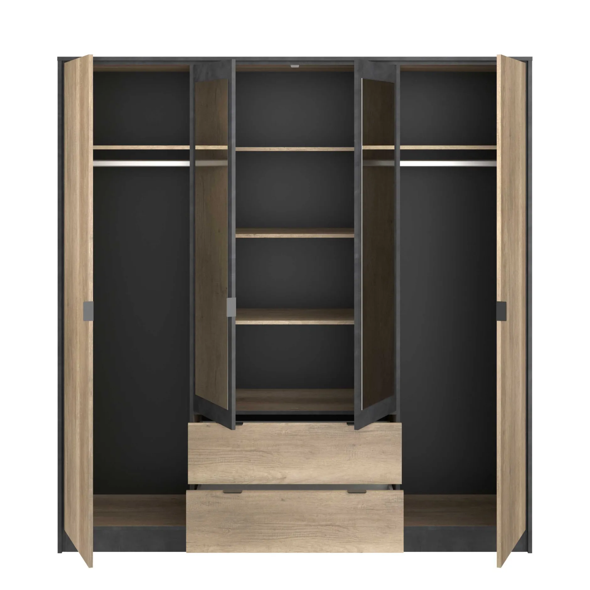 Kleiderschrank Yuri 188cm, 4 Türen und 2 Schubladen - Dekor Anthrazit/Eiche