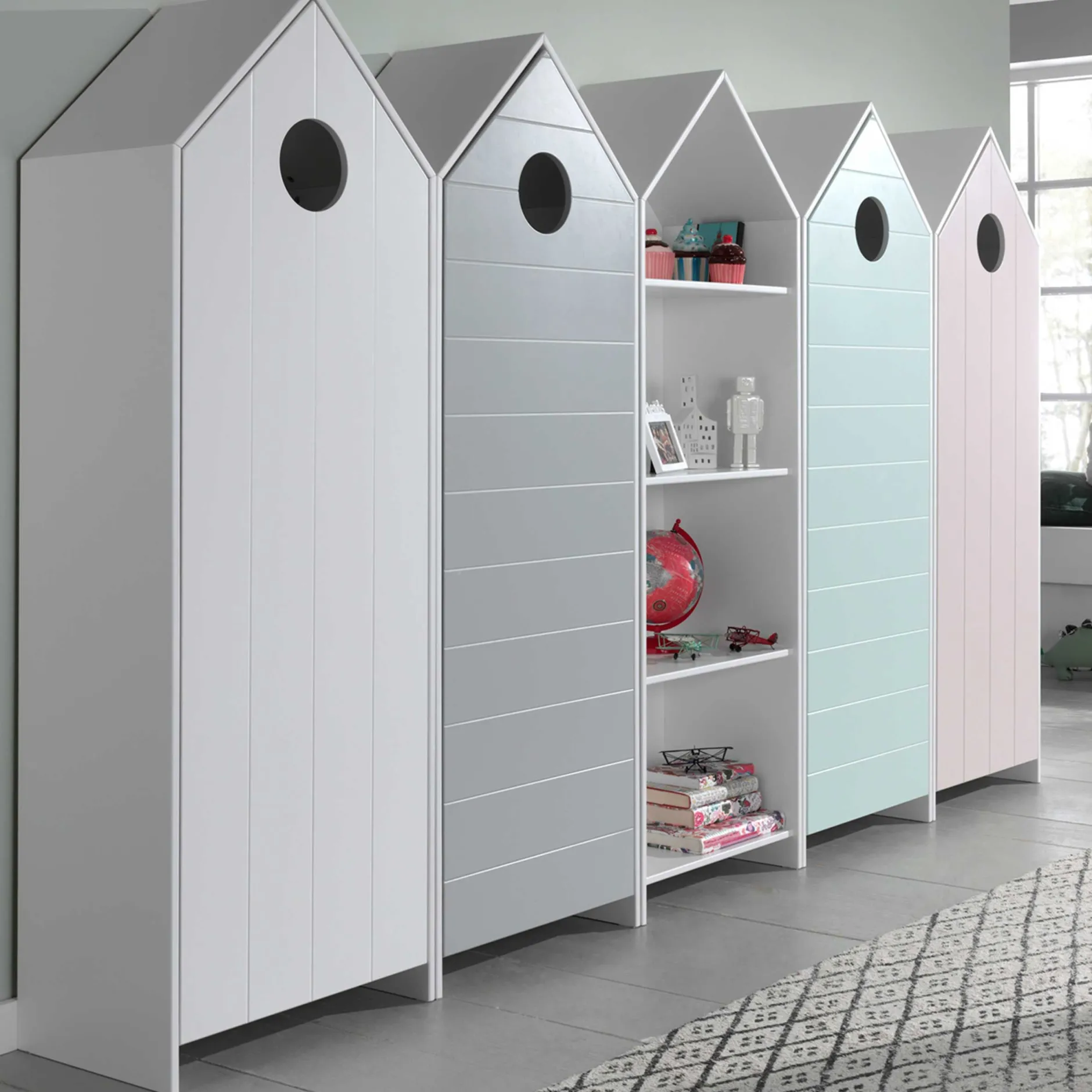 4 Kleiderschränke Bücherregal Casami - rosa/weiß/grau/mintgrün