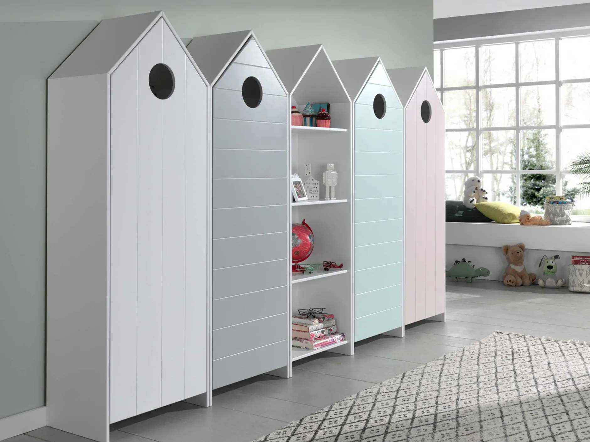4 Kleiderschränke Bücherregal Casami - rosa/weiß/grau/mintgrün