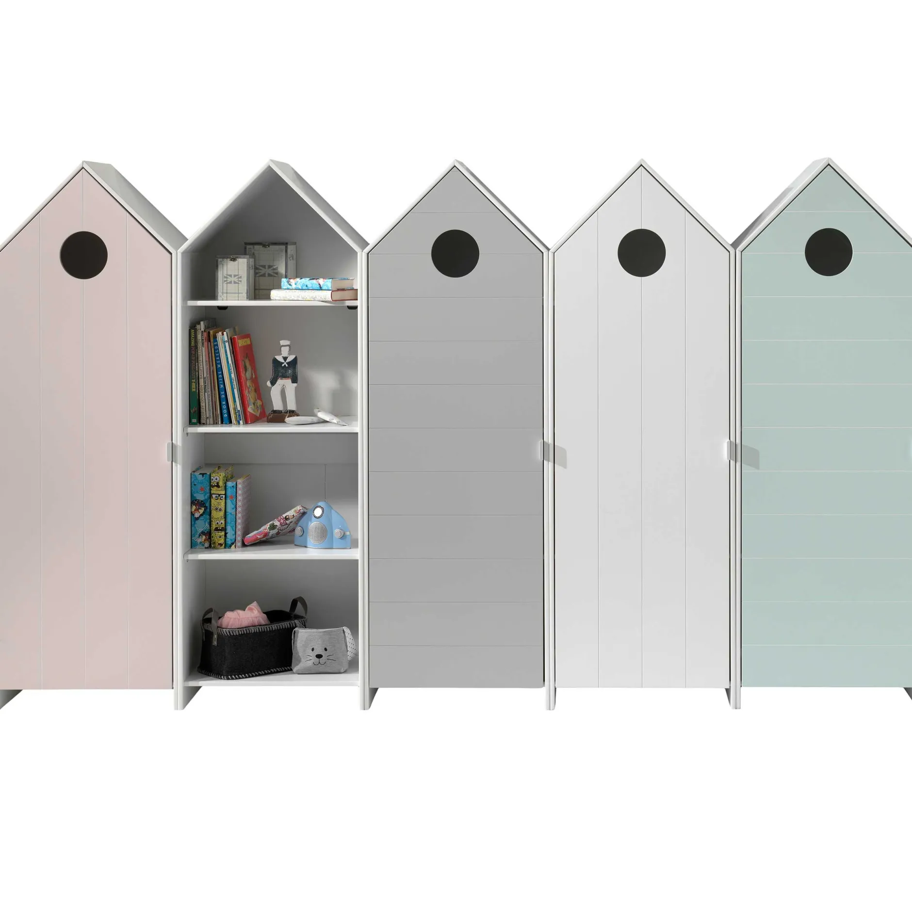 4 Kleiderschränke Bücherregal Casami - rosa/weiß/grau/mintgrün